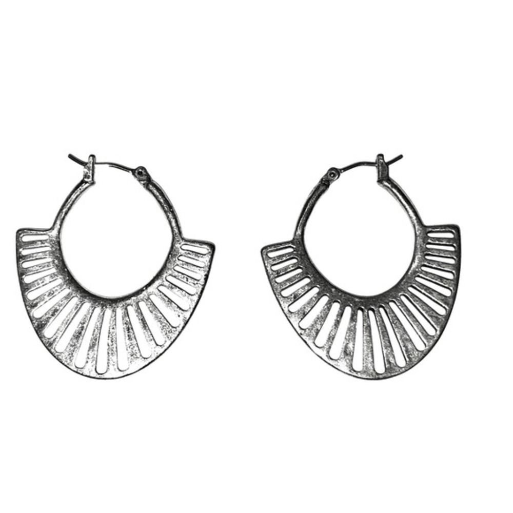 Lucky Brand Silver Sunburst Fan Hoop Earrings Geometric‎ Cutout Openwork Boho